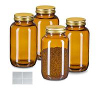 Relaxdays Barattoli Vetro con Coperchio e Etichette, 4 Contenitori da 400 ml, Porta Erbe Medicinali e Spezie, Marrone