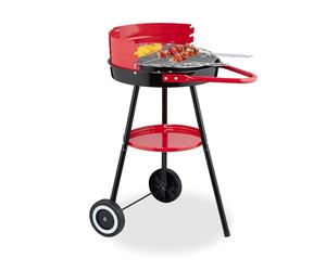 Relaxdays Barbecue a Carbonella con Paravento, Ø 42 cm, Grill a Carbone da Esterno, 2 Ruote e Portautensili, Nero Rosso