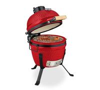 Relaxdays Barbecue a Carbonella Stile Kamado, Griglia Ø 26 cm in Ceramica, BBQ Carbone da Esterno Termometro 450°C, Ferro, Acciaio Inox, 56.5 x 43 x 46 cm