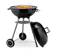 Relaxdays Barbecue a Sfera con Coperchio Rotondo, Ø 44 cm, Grill a Carbonella da Esterno, 2 Ruote, Raccoglicenere, Nero, Plastica, Inox, Acciaio