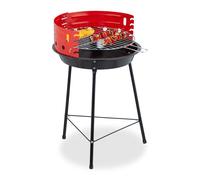 Relaxdays Holzkohlegrill Ø 37 cm Dreibein carbonella, Ø, treppiede, Picnic Giardino & Parco, Barbecue con Protezione Antivento, griglia Rotonda, Nero/Rosso, Lega di Acciaio