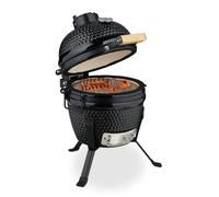 Relaxdays Barbecue a Carbonella Stile Kamado, Griglia Ø 26 cm in Ceramica, BBQ Carbone da Esterno Termometro 450°C, Nero, Acciaio Inox, Ferro
