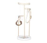 Relaxdays, Bianco-Oro Porta Rotondo per Collane Lunghe, Orecchini, Bracciali, Portagioie Donna, 3 Livelli,Metallo, Pannelli MDF, Velluto, 40 x 16 x 16 cm
