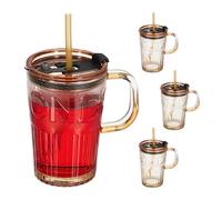 Relaxdays Bicchiere con Cannuccia e Coperchio, Set da 4 Tazze per Smoothie da 450 ml in Vetro con Manico, Marrone Chiaro
