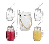 Relaxdays Bicchieri con Cannuccia 4, 500 ml, con Manico, con Coperchio, Secchiello per Il Ghiaccio, Trasparenti, Set da 4X