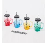 Relaxdays Bicchieri con Coperchio e Cannuccia, Set da 4, 500 ml, Teschio, Tappo a Vite, Manico