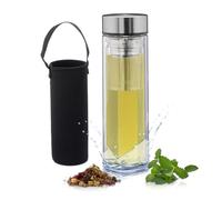 Relaxdays Bottiglia con Infusore,450 ml,Borraccia Portatile,Custodia Neoprene,Tea Infuser,Vetro Borosilicato,Trasparente