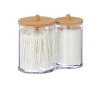 Relaxdays Porta Cotton Fioc, Bagno, Dispenser per Dischetti di Cotone, Plastica, Coperchi in bambù, Naturale Trasparente, 12 x 15 x 8.5 cm