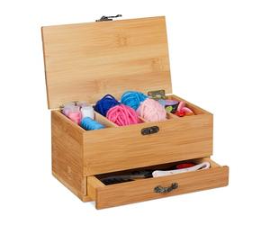 Relaxdays Box per Cucito in bambù, 4 Scomparti, Cassetto, con Coperchio, Manico Antico, Senza Contenuto, Legno Naturale