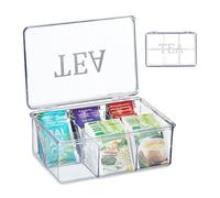 Relaxdays Box Porta tè e Tisane, 6 Scomparti, con Coperchio, 9x21,5x15 cm, Organizer per Bustine, Plastica, Trasparente, 9 x 21.5 x 15 cm