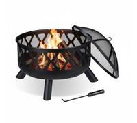 relaxdays Braciere con Protezione Parascintille, D:62 cm, Giardino & Terrazza con Attizzatoio, Camino da Esterno, Nero