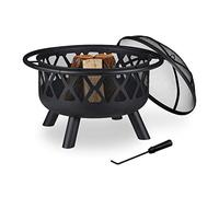 Relaxdays Braciere con Protezione Parascintille, D:75 cm, Giardino & Terrazza con Attizzatoio, Camino da Esterno, Nero
