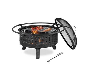 Relaxdays Braciere da Esterno, Parascintille, Griglia BBQ e Attizzatoio, da Giardino, Terrazzo, Ø 75 cm, Nero Argentato, Acciaio