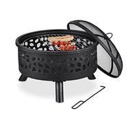 Relaxdays Braciere da Esterno, Parascintille, Nero Argentato | Griglia e Attizzatoio Stufa da Giardino e Terrazzo, Ø 60cm