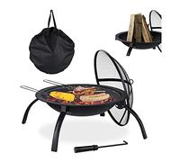 Relaxdays Braciere XL, con Custodia, Graticola, Attizzatoio, Coperchio Parascintille, Giardino, Terrazza, ∅56,5 cm, Nero