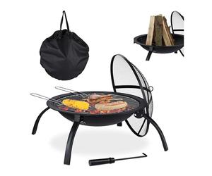 Relaxdays Braciere XL, con Custodia, Graticola, Attizzatoio, Coperchio Parascintille, Giardino, Terrazza, ∅56,5 cm, Nero