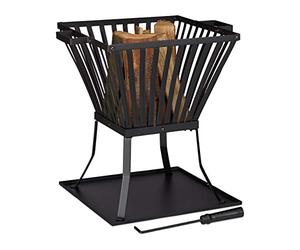 Relaxdays Brucialegna XL con Attizzatoio, Braciere da Giardino e Terrazza, con Vassoio, per Legna, 56x56,5x45cm, Nero