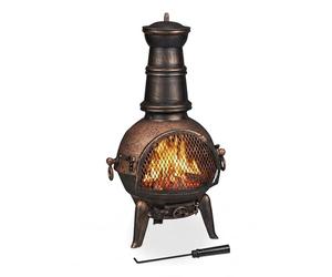 Relaxdays Camino da Giardino e Terrazzo, con Attizzatoio e Parascintille, in Ghisa, 86x46x38 cm, Stufa Esterno, Bronzo