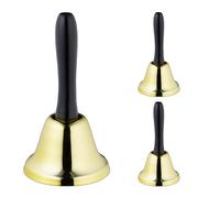 Relaxdays Campanella a Mano, Set da 3 Campane da Reception, Accessori Slitta Babbo Natale, Legno e Ferro, 12x6,5 cm, Oro