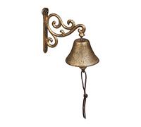 Relaxdays Campanella da Muro in Ghisa, Design Antico, Campana Decorativa con Corda, per Esterni, 15,5x10x17,5 cm, Oro