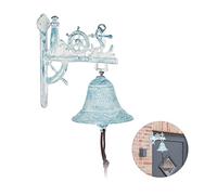 Relaxdays Campanella da Muro in Stile Marittimo, con Ancora, Faro e Timone, Campana Decorativa, Rustica, Bianca/Blu
