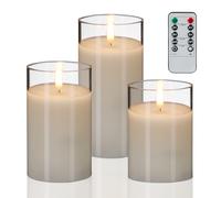 Relaxdays Candele a LED, Set da 3 con Funzione Timer e Telecomando, Cera Vera, Fiamma Oscillante Finta, Vetro, Bianco
