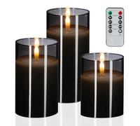 Relaxdays Candele a LED, Set da 3 con Funzione Timer e Telecomando, Cera Vera, Fiamma Oscillante Finta, Vetro, Grigio