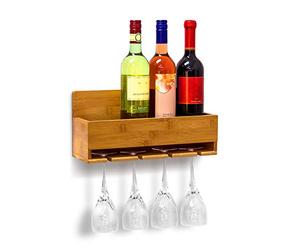 Relaxdays Cantinetta in bambù, 17x37x11,5, Portabottiglie con Portabicchieri in bambù, per 4 Bottiglie di Vino, Naturale