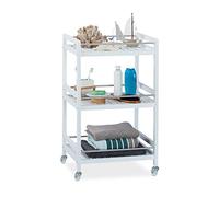 Relaxdays Carrellino da Servizio, HLP 76,5x46x38 cm, in bambù e Acciaio, Carrello a 3 Ripiani, Ruote a 360°, Bianco