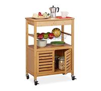 relaxdays Carrello Cucina in bambù, Ripiano di Lavoro, Armadietto & Cestino, con Ruote, HLP: 82 x 59,5 x 35 cm, Legno