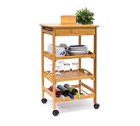 Relaxdays Carrello Cucina James L, in bambù, HBT 80,5 x 50 x 37 cm, Mobile con Rotelle, Ripiani, Cestini, Legno Naturale