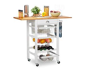 Relaxdays Carrello Cucina, Mobile con Piano Allungabile, Stile Rustico, 3 Cestini, Porta-Bottiglie, Penisola, Bianco