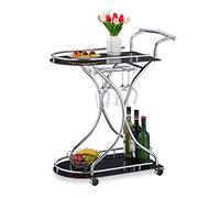 Relaxdays Carrello da Cucina, 2 Piani in Vetro, Portabottiglie e Supporto Bicchieri, HLP: 88x76x4 cm, Argentato Nero, Ferro, 1 pz
