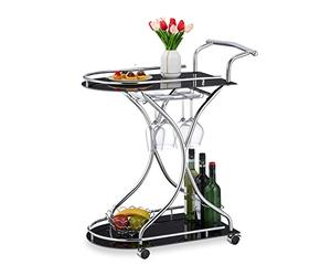 Relaxdays Carrello da Cucina, 2 Piani in Vetro, Portabottiglie e Supporto Bicchieri, HLP: 88x76x4 cm, Argentato Nero