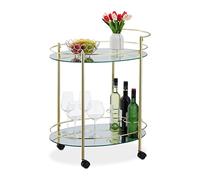 Relaxdays Carrello da Cucina, 2 Ripiani, HLP: 79x45x65,5 cm, Vetro e Metallo, Carrellino Ovale con Rotelle, Ottone