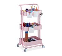 Relaxdays Carrello da Cucina con Ruote, 3 Ripiani, 2 Freni, Portaoggetti per Bagno e Ufficio, HxLxP 86x38x39 cm, Rosa, Acciaio