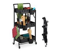 Relaxdays Carrello da Cucina con Ruote, 3 Ripiani Pieghevoli, Carrellino da Bagno, Porta Detersivi, 89x44,5x29 cm, Nero, Acciaio