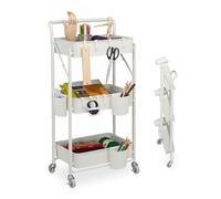 Relaxdays Carrello da Cucina con Ruote, 3 Ripiani Pieghevoli, Carrellino da Bagno, Porta Detersivi, 89x44,5x29 cm,Bianco, Acciaio