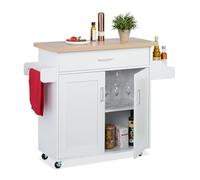 Relaxdays Carrello da Cucina con Ruote, HLP: 90 x 114,5 x 39,5 cm, con 2 Scomparti, Porta Spezie e Canovacci, Bianco, Fibra di Legno