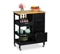 Relaxdays Carrello da Cucina con Ruote, Isola 3 Ripiani e Cassetti, Carrellino Portaoggetti HLP: 85x68,5x38,5 cm, Nero, Fibra di Legno