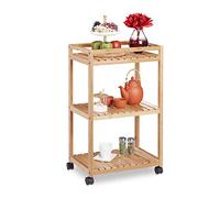 relaxdays 10029398 Carrello da Cucina in bambù, Carrellino con 3 Ripiani, Ruote