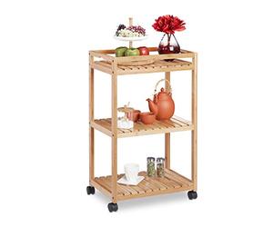 Relaxdays Carrello da Cucina in bambù, Carrellino con 3 Ripiani, Ruote in Plastica con Freni, HLP 77x47x32,5 cm,Naturale