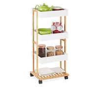 Relaxdays Carrello da Cucina, in bambù e MDF, Mobiletto 4 Ripiani Carrellino con Ruote, 88 x 40 x 30 cm, Bianco/Naturale