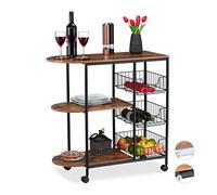 relaxdays Carrello da Cucina, Portavivande con 3 Ripiani e 3 Cestini Industrial, Metallo e MDF 84x83x37 cm, Nero/Marrone, Acciaio, 1 pz