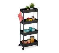 Relaxdays Rolling Cart rotelle, 4 Ripiani, Altezza x Larghezza x profondità: 93 x 40 x 22 cm, 4 Ruote, per Bagno e Cucina, Carrello portaoggetti Sottile, Nero, 80% plastica