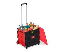 Relaxdays Carrello per Spesa Pieghevole, 35 kg max., Rosso Nero | Manico Telescopico e Coperchio, Carrellino Portaspesa
