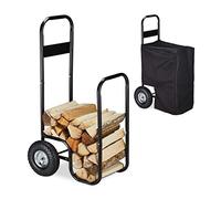 Relaxdays Carrello Porta Legna in Metallo, Telo Resistente alle Intemperie, 2 Ruote, 60 kg, Carrellino Trasporto, Nero