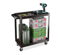 Relaxdays Carrello Portautensili Officina, Carrellino a 2 Ripiani Porta Attrezzi Lavoro, 76x78x35 cm, Max. 100 kg, Nero, Acciaio, Gomma, Ferro