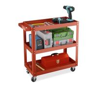 Relaxdays Carrello Portautensili Officina, Carrellino a 3 Ripiani Porta Attrezzi Lavoro, 76x78x35 cm, Max. 100 kg, Rosso, Gomma, Ferro, Acciaio