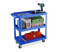 Relaxdays Carrello Portautensili Officina, Carrellino a 3 Ripiani Porta Attrezzi da Lavoro, 76x78x35 cm, Max 100 kg, Blu, Ferro, Acciaio, Gomma